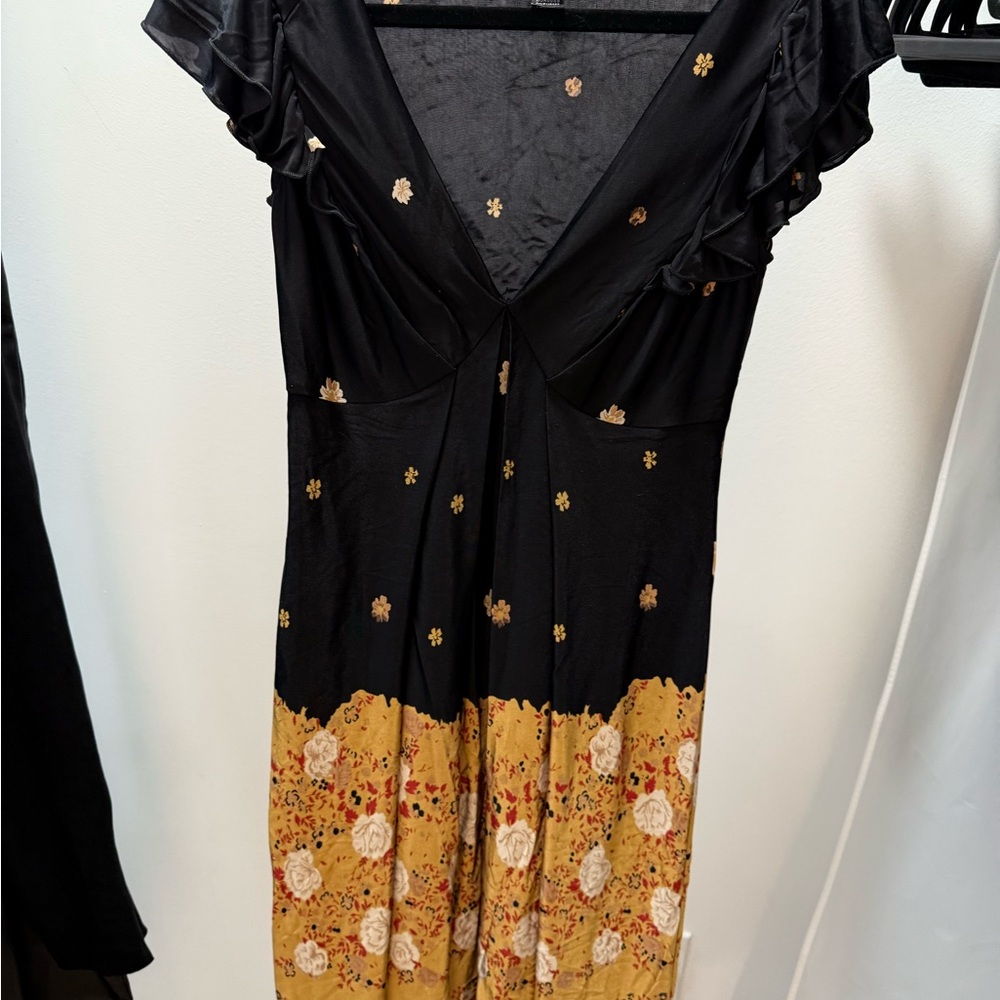 Mango Black and Gold Colorblock Floral Dress